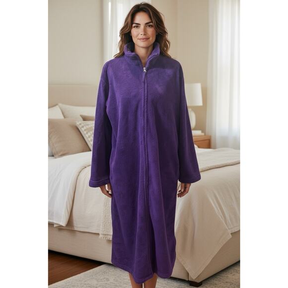 VTG Adonna Fleece Robe Purple Zip Front Plush Long Sleeve Housecoat Bathrobe XL - Picture 1 of 4